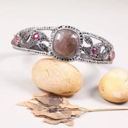 Vintage Art Deco Bracelet – 925 Sterling Silver Cuff with Ruby Accents, Filigree Diamond Design, Unique Antique Jewelry for Anniversary Gift