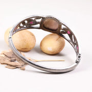 Vintage Art Deco Bracelet – 925 Sterling Silver Cuff with Ruby Accents, Filigree Diamond Design, Unique Antique Jewelry for Anniversary Gift