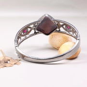 1990s Vintage Sterling Silver Bracelet – Square Purple Gemstone with Natural Diamonds, Elegant Black Diamond Cuff Antique Jewelry