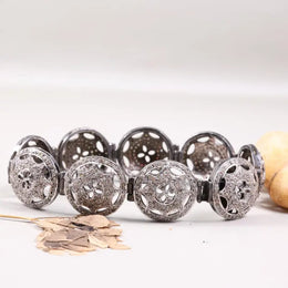 Vintage 1990s filigree silver bracelet with grey natural round diamond, unique handmade design, statement jewelry gift for women