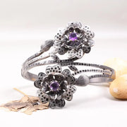 Vintage 1980s Floral Silver Cuff Bracelet – 925 Sterling Silver Handmade Double Flower Design with Purple Gemstone, Elegant Antique Jewelry