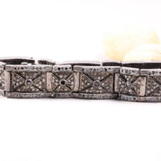 1991 Vintage Black Diamond Bracelet – Art Deco Style Sterling Silver Geometric Panel Link, Statement Jewelry Gift for Her