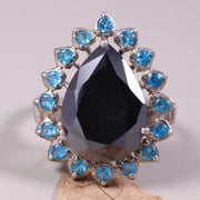 Art Deco Style Statement Ring – Pear Shaped Black Onyx with Blue Topaz Halo | Sterling Silver Cocktail Jewelry, Unique Engagement Gift
