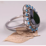 Art Deco Style Statement Ring – Pear Shaped Black Onyx with Blue Topaz Halo | Sterling Silver Cocktail Jewelry, Unique Engagement Gift