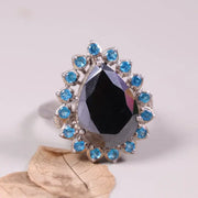Art Deco Style Statement Ring – Pear Shaped Black Onyx with Blue Topaz Halo | Sterling Silver Cocktail Jewelry, Unique Engagement Gift