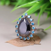 Art Deco Style Statement Ring – Pear Shaped Black Onyx with Blue Topaz Halo | Sterling Silver Cocktail Jewelry, Unique Engagement Gift