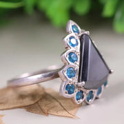 Art Deco Style Ring – 925 Sterling Silver Engagement Ring with Trillion Cut Black Moissanite & Blue Topaz Stones, Unique Anniversary Gift