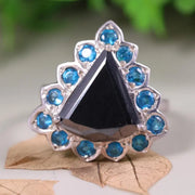 Art Deco Style Ring – 925 Sterling Silver Engagement Ring with Trillion Cut Black Moissanite & Blue Topaz Stones, Unique Anniversary Gift