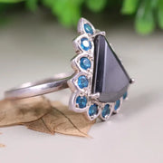 Art Deco Style Ring – 925 Sterling Silver Engagement Ring with Trillion Cut Black Moissanite & Blue Topaz Stones, Unique Anniversary Gift