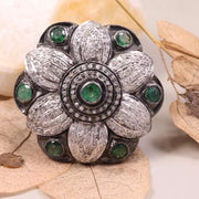 Floral Vintage Ring – Sterling Silver 1990s Art Deco Ring with Round Cut Emerald Gemstone | Unique Old Style Jewelry Gift for Her