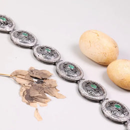 Vintage 925 sterling silver bracelet with green emerald gemstones, elegant statement link cuff, antique style jewelry gift for her