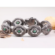 Vintage 925 Sterling Silver Bracelet – Green Emerald Gemstone Elegant Statement Link Cuff, Antique Style Jewelry Gift for Her