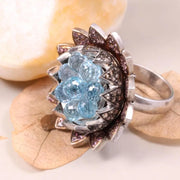 Georgian Style Aquamarine Floral Ring | Vintage Sterling Silver Blue Stone Ring with Pink Gemstone Accents | Unique Cluster Sunflower Jewelry