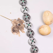1990s vintage green emerald stones bracelet, antique 925 sterling silver round filigree cuff, unique classic jewelry gift for her
