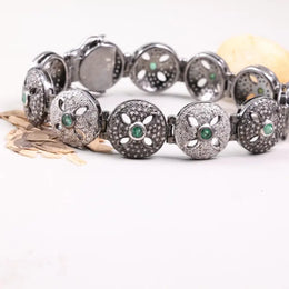 1990s vintage green emerald stones bracelet, antique 925 sterling silver round filigree cuff, unique classic jewelry gift for her