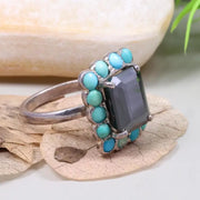 Vintage Turquoise Ring – 1990s Art Deco Victorian Style Jewelry with Emerald Cut Black Moissanite, Unique Statement Anniversary Gift