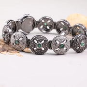 1990s Vintage Green Emerald Stones Bracelet – Antique Style 925 Sterling Silver Round Filigree Cuff, Unique Classic Jewelry Gift for Her