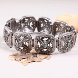 Vintage 1992 green black diamond bracelet, sterling silver elegant bangle with natural round diamonds, antique classic statement jewelry for her