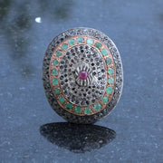 Oval Vintage Statement Ring – Ruby, Emerald & Black Diamond Cocktail Ring | 1999s Antique Sterling Silver Jewelry