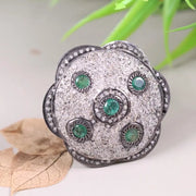 Vintage Green Emerald Ring – Art Deco Style Solid Sterling Silver Ring with White Diamond Accent, Nature-Inspired June Birthstone Gift