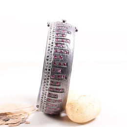Vintage 1992s 925 sterling silver bracelet with pink ruby gemstone, handmade antique cuff bracelet, unique statement jewelry gift for women