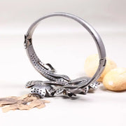 Vintage Floral Cuff Bracelet – 925 Sterling Silver Black Oxidized Bangle with Green & Pink Ruby Gemstones, Unique Handmade Jewelry Gift