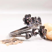 Vintage Floral Cuff Bracelet – 925 Sterling Silver Black Oxidized Bangle with Green & Pink Ruby Gemstones, Unique Handmade Jewelry Gift