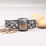 Vintage 1972 antique style silver bracelet, handmade cuff with moonstone and emerald gemstones, unique bohemian inspired jewelry