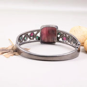 Vintage ruby square bracelet, antique style sterling silver cuff with large pink gemstone, bohemian statement jewelry and unique gift for her