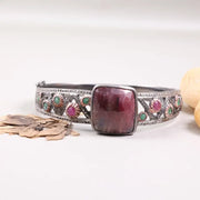 Vintage Ruby Square Bracelet – Antique Style Sterling Silver Cuff with Large Pink Gemstone, Bohemian Statement Jewelry & Unique Gift for Her