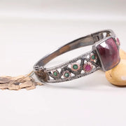 Vintage Ruby Square Bracelet – Antique Style Sterling Silver Cuff with Large Pink Gemstone, Bohemian Statement Jewelry & Unique Gift for Her