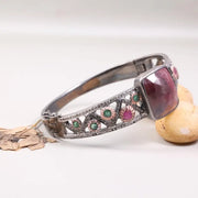 Vintage Ruby Square Bracelet – Antique Style Sterling Silver Cuff with Large Pink Gemstone, Bohemian Statement Jewelry & Unique Gift for Her
