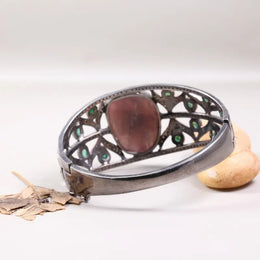 Vintage pink gemstone bracelet, handmade silver cuff with emerald accents, antique style statement jewelry and unique gift for her