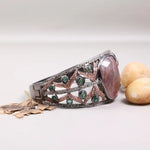 Vintage pink gemstone bracelet, handmade silver cuff with emerald accents, antique style statement jewelry and unique gift for her