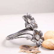 Vintage 1980s Flower Black Diamond Bangle – 925 Sterling Silver Elegant Floral Cuff Bracelet with Natural Round Diamonds, Antique Statement Jewelry