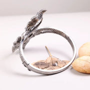 Vintage 1980s Flower Black Diamond Bangle – 925 Sterling Silver Elegant Floral Cuff Bracelet with Natural Round Diamonds, Antique Statement Jewelry