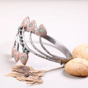 Vintage 1990s Heart Cuff Bracelet – Antique 925 Sterling Silver Bangle with Green Stone, Unique Statement Jewelry Gift for Women