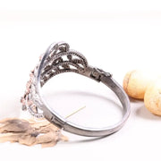 Vintage 1990s Rose Gold Floral Cuff Bracelet – Elegant Designer Statement Jewelry with Brown Stones & Black Rhodium Finish