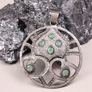 Vintage round sterling silver pendant with green stone, natural emerald and diamond accents, handmade antique jewelry gift