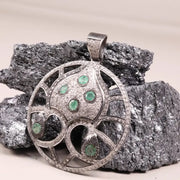 Vintage Round Shape Pendant – Sterling Silver Green Stone Pendant with Natural Emerald & Diamond | Handmade Antique Jewelry Gift