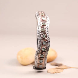 Handcrafted vintage sterling silver bracelet, 925 wavy cuff with round pastel stones, antique look statement jewelry gift for women