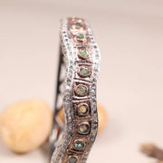 Handcrafted vintage sterling silver bracelet, 925 wavy cuff with round pastel stones, antique look statement jewelry gift for women
