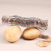 Handcrafted Vintage Sterling Silver Bracelet – 925 Wavy Cuff with Round Pastel Stones, Antique Look Statement Jewelry Gift for Women