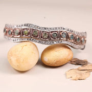 Handcrafted Vintage Sterling Silver Bracelet – 925 Wavy Cuff with Round Pastel Stones, Antique Look Statement Jewelry Gift for Women