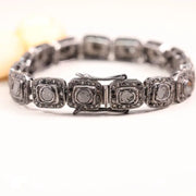 Vintage Black Diamond Link Bracelet, Square Design 925 Silver Bracelet, Natural Round Handmade Silver Statement Bracelet, Gift For Women