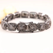 Vintage Black Diamond Link Bracelet, Square Design 925 Silver Bracelet, Natural Round Handmade Silver Statement Bracelet, Gift For Women