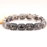 1991 vintage black diamond bracelet, Art Deco sterling silver geometric panel link, statement jewelry gift for her