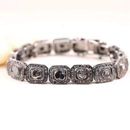 1991 vintage black diamond bracelet, Art Deco sterling silver geometric panel link, statement jewelry gift for her