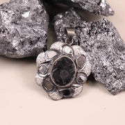 Oval Black Stone Pendant – Victorian Sterling Silver Floral Boho Gothic Necklace, Handmade Unique Statement Jewelry