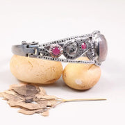 Vintage Art Deco Bracelet – 925 Sterling Silver Cuff with Ruby Accents, Filigree Diamond Design, Unique Antique Jewelry for Anniversary Gift